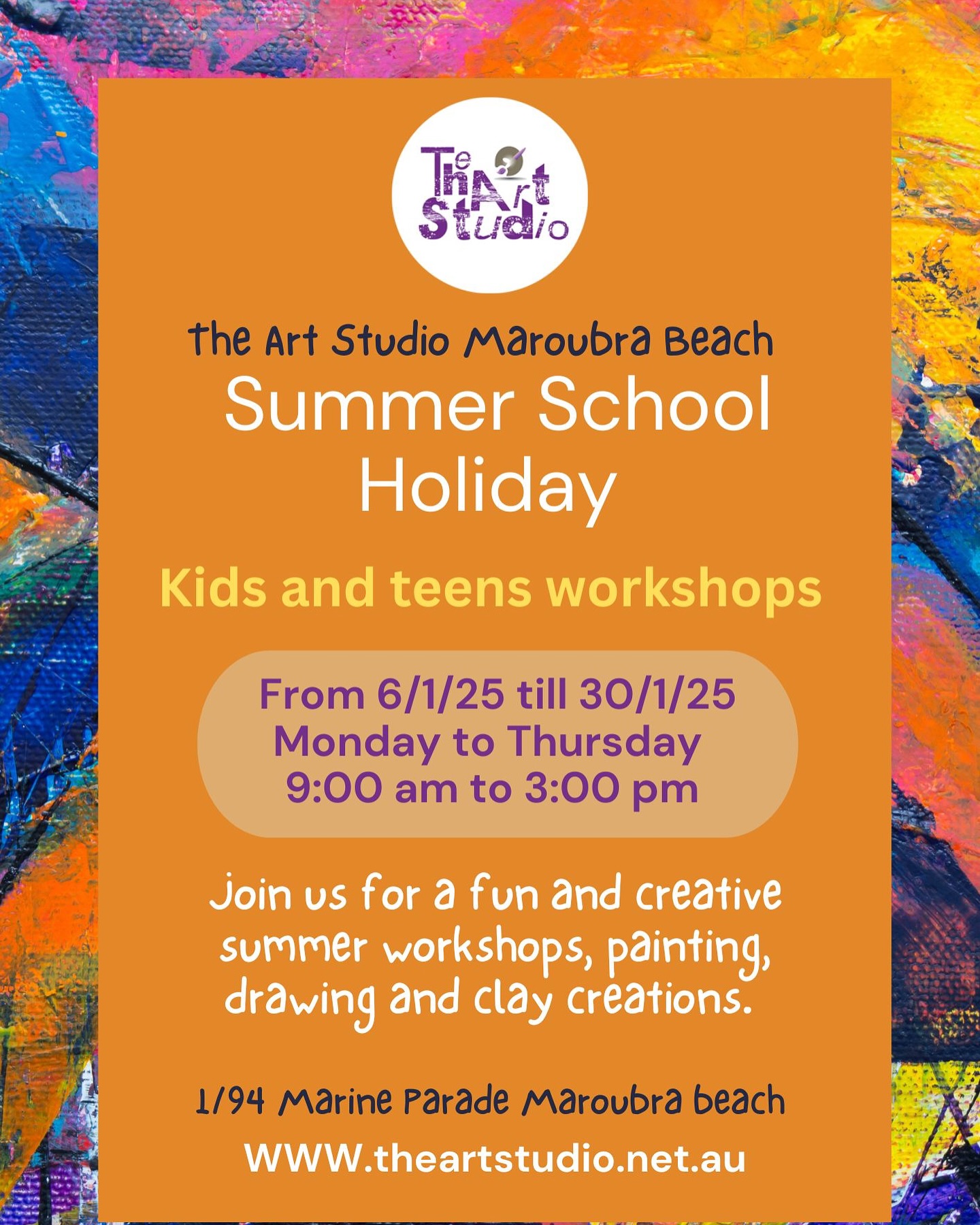 Summer school holiday at The Art Studio Maroubra beach ! Let’s get creative this summer. Playful, colourful and hand on, our workshops are fun and arty. Meeting new friends and learning new skills this summer 2025. Check out our special offers for multiple workshop bookings. From 6/1/25 till 30/1/25. Booking is now open on our website. Www.theartstudio.net.au  #theartstudiomaroubra #maroubra #maroubrabeach #maroubracommunity #artclassessydney #artclasseseasternsuburbssydney #kidsartclasses #paintingclassessydney #drawingclassessydney #maroubracreativehub #sydneyartclass #sydneyart #sydneyworkshop #sydneycreative #sydneykidsactivities #sydneykidsworkshops #sydneyartschool 
#beginnersartclassessydney #kidsactivitiessydney #weekendworkshopssydney #couplleexperiencesydney #artsydney #artgallerysydney 
I